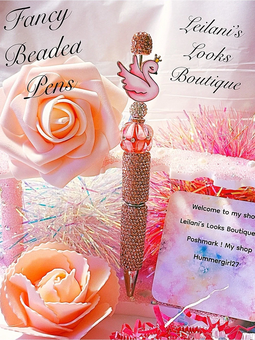 Pink Beaded Swan Top Rhinestone Pen/Fancy beaded Pen/gifts